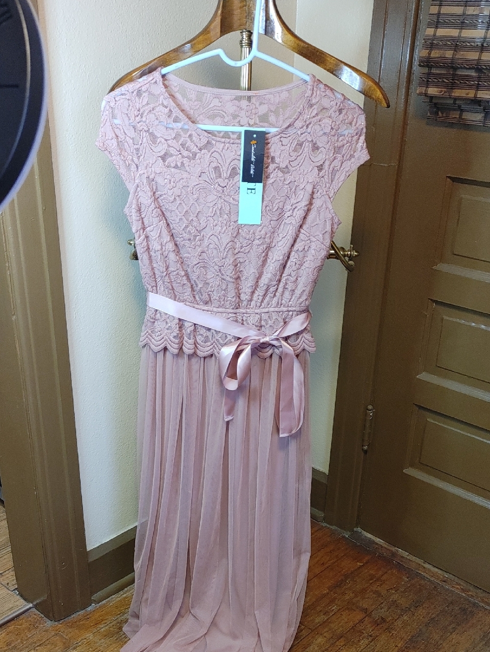 Lace Bodice Pink Maxi Dress with Satin Waist Tie